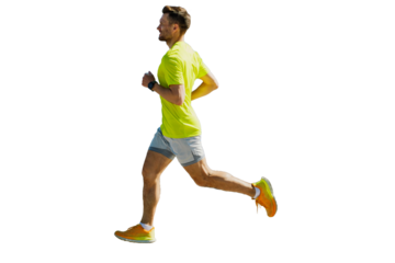 A male runner, wearing running shoes and a sports T-shirt, is training. cut out
