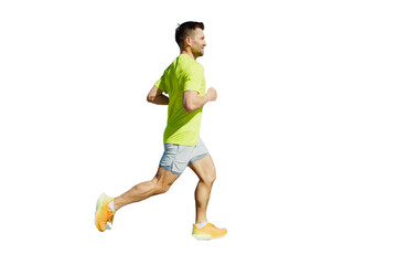 Male runner in running shoes training in a sports T-shirt, cut out