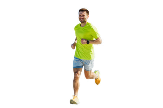 Male runner in running shoes training in a sports T-shirt, cut out