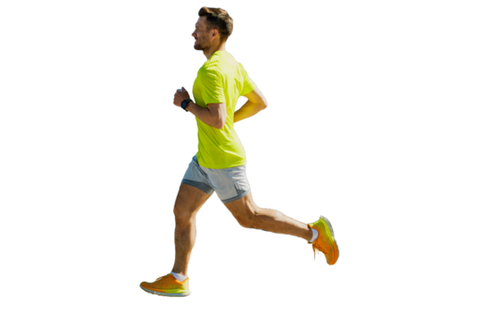 A male runner, wearing running shoes and a sports T-shirt, is training. cut out
