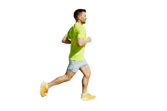 Male runner in running shoes training in a sports T-shirt, cut out