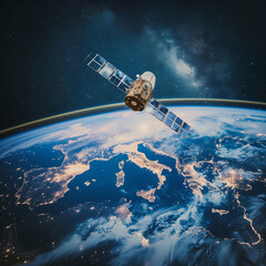 Fototapeta premium Telecommunications Satellite Orbiting Earth Above Italy at Night