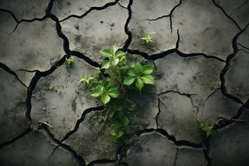 Single green plant thrives amidst the cracked, barren soil, symbolizing hope and resilience