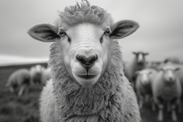 Fototapeta premium A Sheep's Curious Gaze in a Black And White World