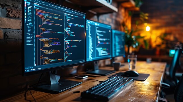 A programmer's desk featuring multiple monitors filled with colorful lines of code. The workspace is warmly lit by string lights, providing a cozy environment for software development.