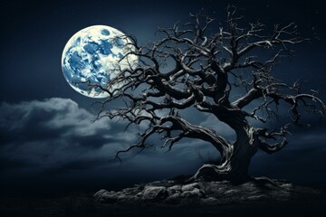 Fototapeta premium Majestic old tree under a full moon on a clear starry night, creating a magical atmosphere