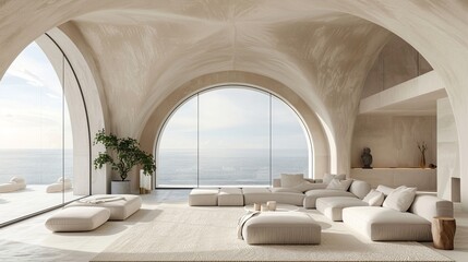 Modern living room with large arched windows overlooking the ocean, featuring minimalist decor and potted plants, creating a serene and elegant space