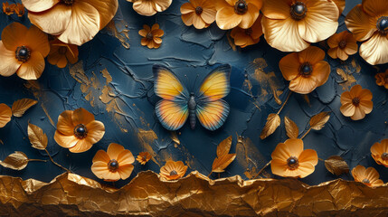 Abstarct Flowers, herbarium, luxury color combination, cyanotype of stone surrounded by fantasy butterfly flowers, torn paper golden glow, abstract pattern, foliage background, crumpled paper 3D artw 