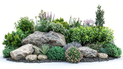 Lush garden with a variety of green shrubs, a rock, and flowering plants, set against a white background, creating a vibrant and natural landscaping scene