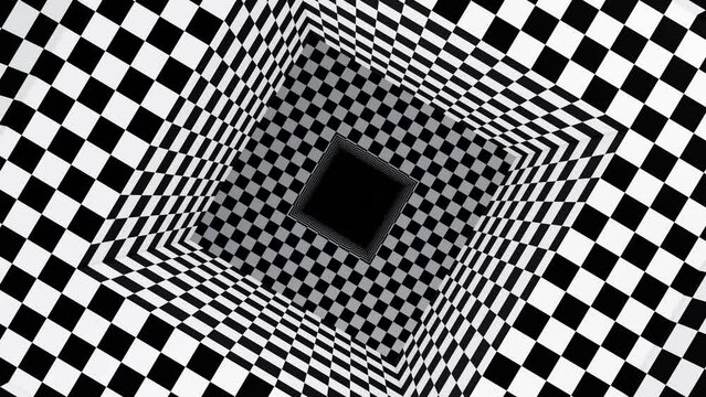 Black and white square hypnotic optical illusion checker tunnel loop animation
