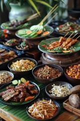 A variety of dishes are arranged on a table, with colorful ingredients such as meats, vegetables, and condiments, creating an inviting and appetizing feast.