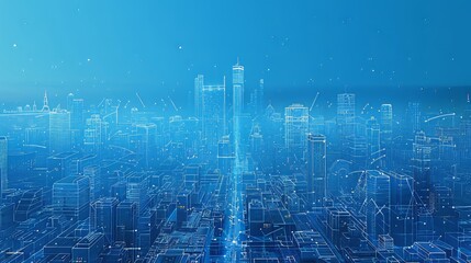 Blueprint of a futuristic cityscape with detailed outlines of buildings and streets, set against a bright blue background, emphasizing urban planning and architecture