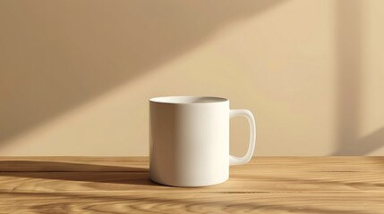 Fototapeta premium mockup of a coffee mug on a table with a blank design area, isolated on a plain background, customizable design area