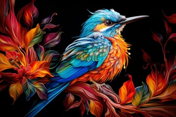 Obraz premium Exquisite illustration of a multicolored bird with surreal flowers on a black background