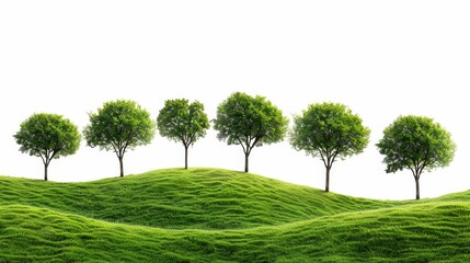 Obraz premium Lush green landscape with a row of trees on a grassy hill, set against a white background, emphasizing natural beauty and tranquility