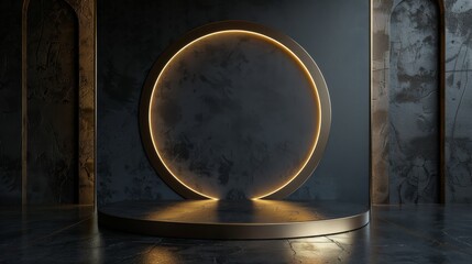Luxury display podium with a circular golden frame and dark background, emphasizing elegance and sophistication in a minimalist design