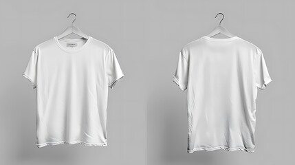 mockup of a white T-shirt on a hanger, isolated on a plain background, front and back views