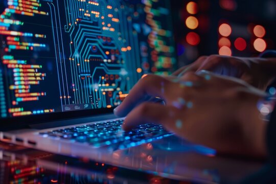 Digital technology, software development concept. Coding programmer working on laptop with circuit board and javascript on virtual screen