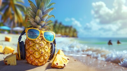Pineapple with sunglasses and headphones at tropical beach - holiday vacation concept. Beach. Ultra realistic. Photorealistic
