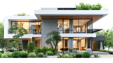 Fototapeta premium Modern two-story house with clean lines, large windows, and surrounding greenery, set against a white background, showcasing contemporary residential design