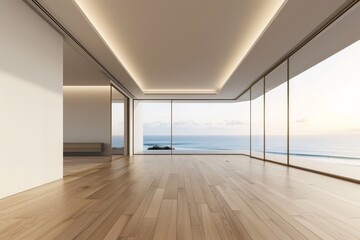 Obraz premium Blank wall on empty wooden floor of large living room in modern house or luxury hotel