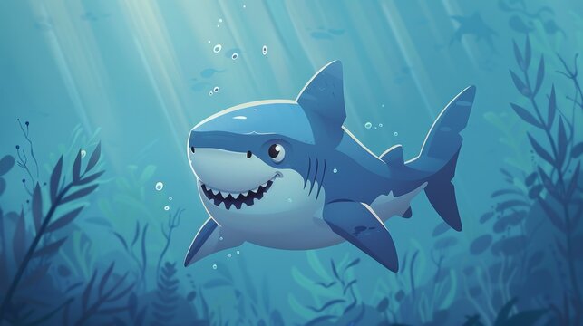 cute shark illustration, adorable blue shark cartoon swimming in a simple ocean scene, perfect for kids with a playful and cute underwater theme