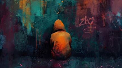 A poignant image of a homeless person sitting against a graffiticovered wall capturing the harsh realities of social inequality