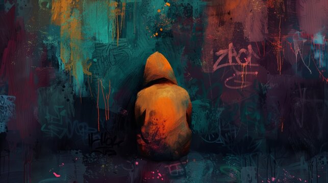 A poignant image of a homeless person sitting against a graffiticovered wall capturing the harsh realities of social inequality