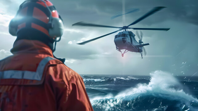 Coast Guard rescuer lands helicopter on ship at sea for daring rescue. Concept Coast Guard, Helicopter, Rescue Mission, Ship at Sea, Daring Rescue