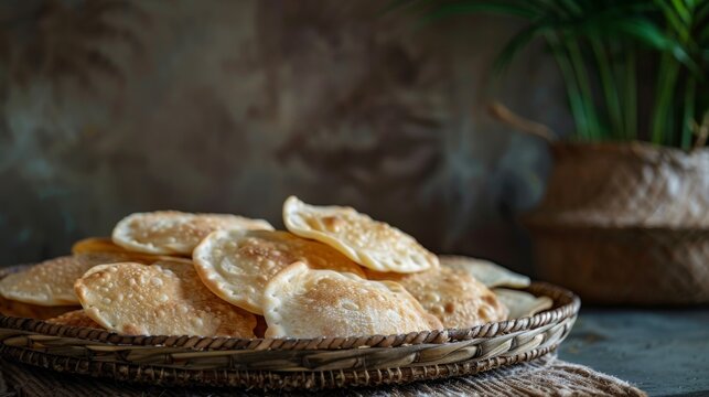 georgian cuisine concept of shotis puri bread array on a woven platter, with copy space and freshly baked