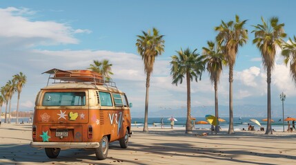 Venice beach surf van los angeles california. Beach. Ultra realistic. Photorealistic