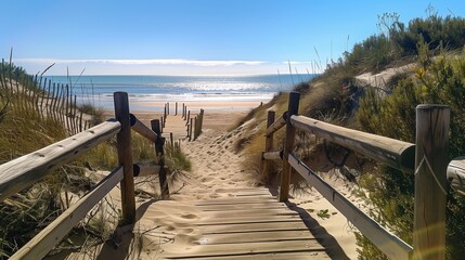Wooden path access in sand dune beach in vendee on noirmoutier island in france. Beach. Ultra realistic. Photorealistic