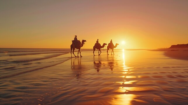 Camel ride at sunset on cable beach broome in western australia in golden hour. Beach. Ultra realistic. Photorealistic