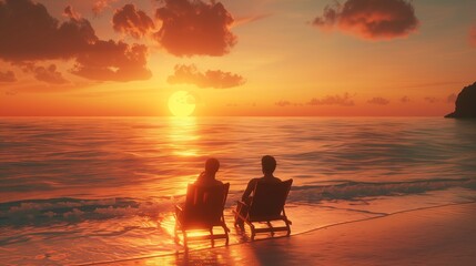 Obraz premium Happy couple enjoy luxury sunset on the beach during summer vacations. Beach. Ultra realistic. Photorealistic