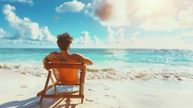 At beach young biracial man relaxing on beach chair enjoying sun copy space. Beach. Ultra realistic. Photorealistic - Powered by Adobe