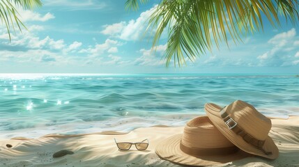 Obraz premium Straw hat bag and sun glasses on a tropical beach. Beach. Ultra realistic. Photorealistic