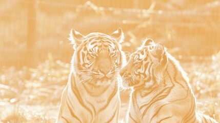 A pair of tigers playfully interacting in the golden light of dawn symbolizing the fleeting moments of joy in nature