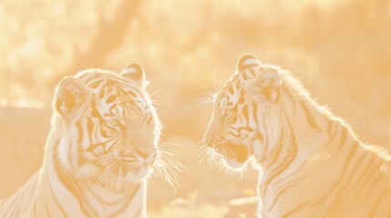 A pair of tigers playfully interacting in the golden light of dawn symbolizing the fleeting moments of joy in nature