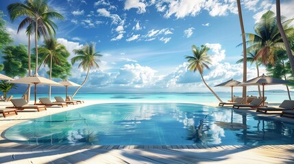 Fototapeta premium Luxurious beach resort with swimming pool and beach chairs or loungers umbrellas with palm trees and blue sky. Beach. Ultra realistic. Photorealistic