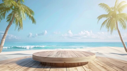Obraz premium Tropical beach wooden presentation podium on sunny seaside backdrop ideal for product display ai generative. Beach. Ultra realistic. Photorealistic