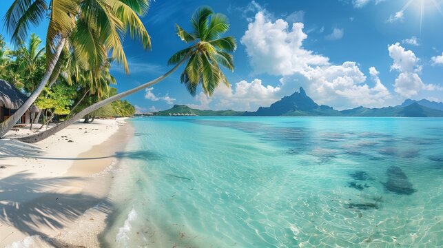 Tropical beach panorama as background bora bora french polynesia. Beach. Ultra realistic. Photorealistic