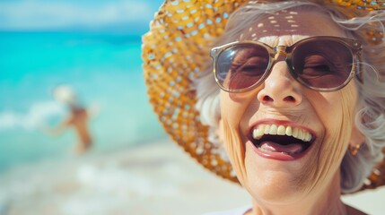Senior woman wearing sunglasses and laughing hat a beach. Beach. Ultra realistic. Photorealistic