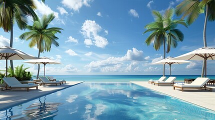 Fototapeta premium Luxurious beach resort with swimming pool and beach chairs or loungers umbrellas with palm trees and blue sky. Beach. Ultra realistic. Photorealistic