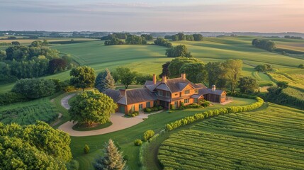 Naklejka premium large house in a green field surrounded by trees