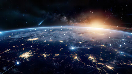 Earth seen from space digital network connections blockchain technology planetary communication futuristic world dark starry sky 