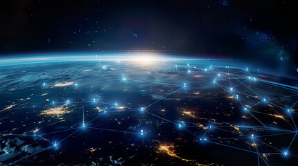 Earth seen from space digital network connections blockchain technology planetary communication futuristic world dark starry sky 