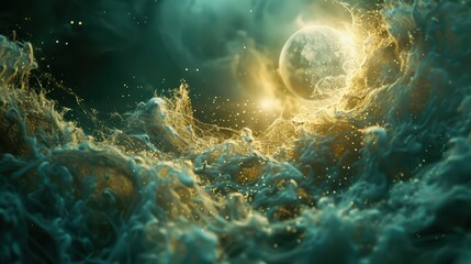 Fototapeta premium large, swirling, golden, and blue planet in the sky