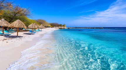 Fototapeta premium Cas abao beach - paradise white sand beach with blue sky and crystal clear blue water in curacao netherlands antilles a caribbean tropical island. Beach. Ultra realistic. Photorealistic