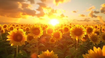 Obraz premium Breathtaking Golden Hour Sunflower Field Backdrop with Warm Sunlight and Vibrant Blooms