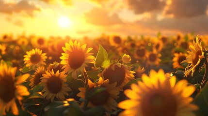 Fototapeta premium Breathtaking Golden Hour Sunflower Field Landscape with Vibrant Blooms and Warm Glowing Skies